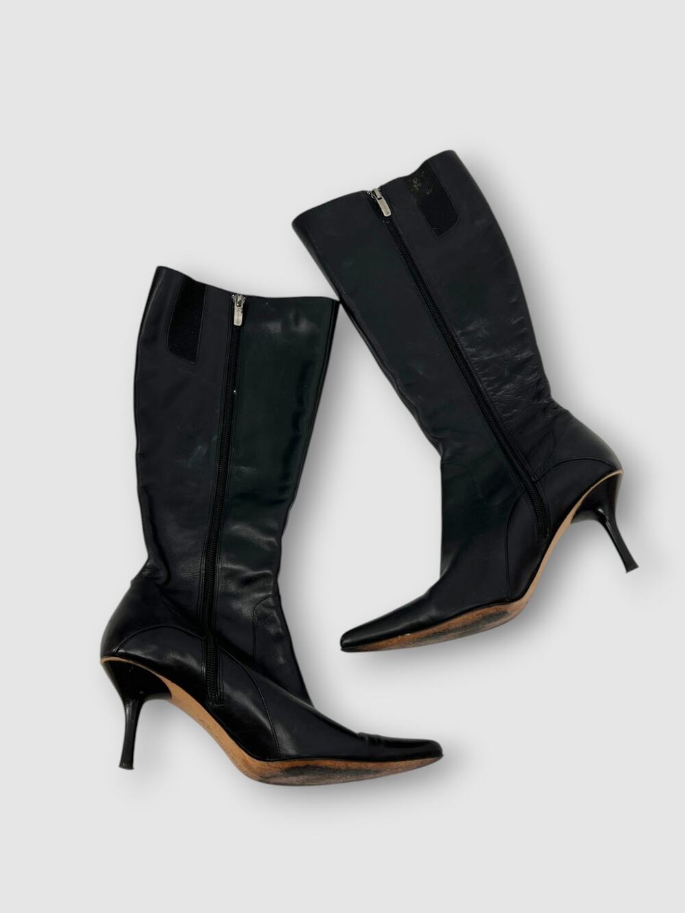 Y2k Vintage Anne Klein Black Leather Knee High Stiletto Heel Boots Size 7
